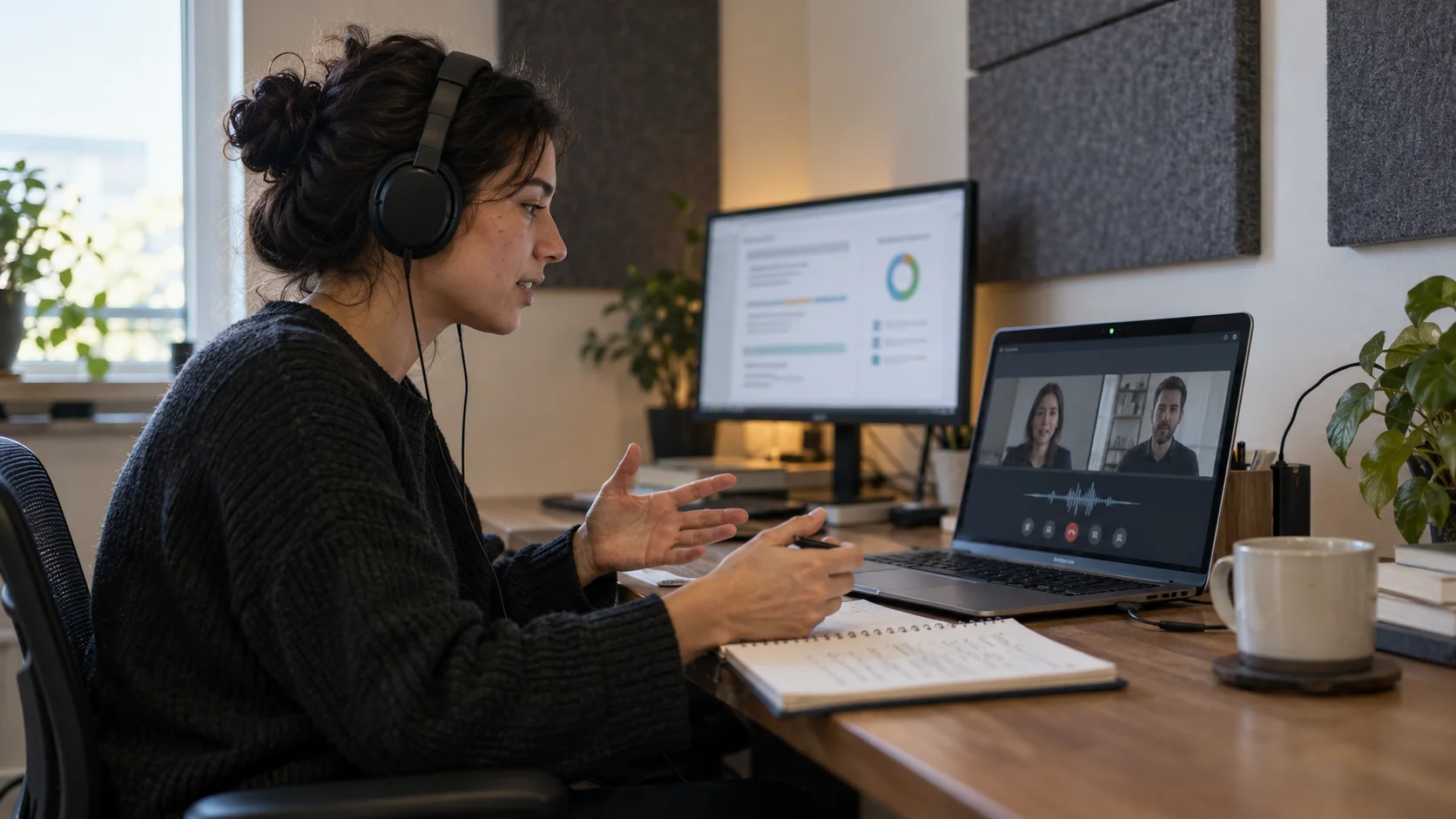 A candidate taking part in a remote interview with headphones and a laptop