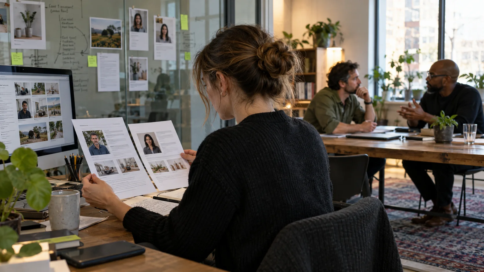 An analyst comparing business profiles while two business owners discuss a potential partnership