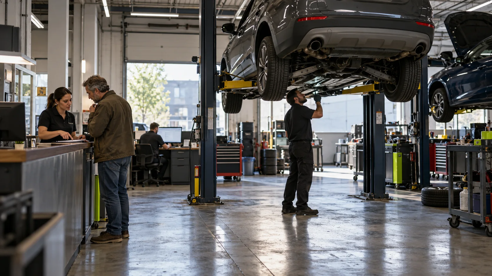 A service advisor, customer and technician working inside a modern automotive garage